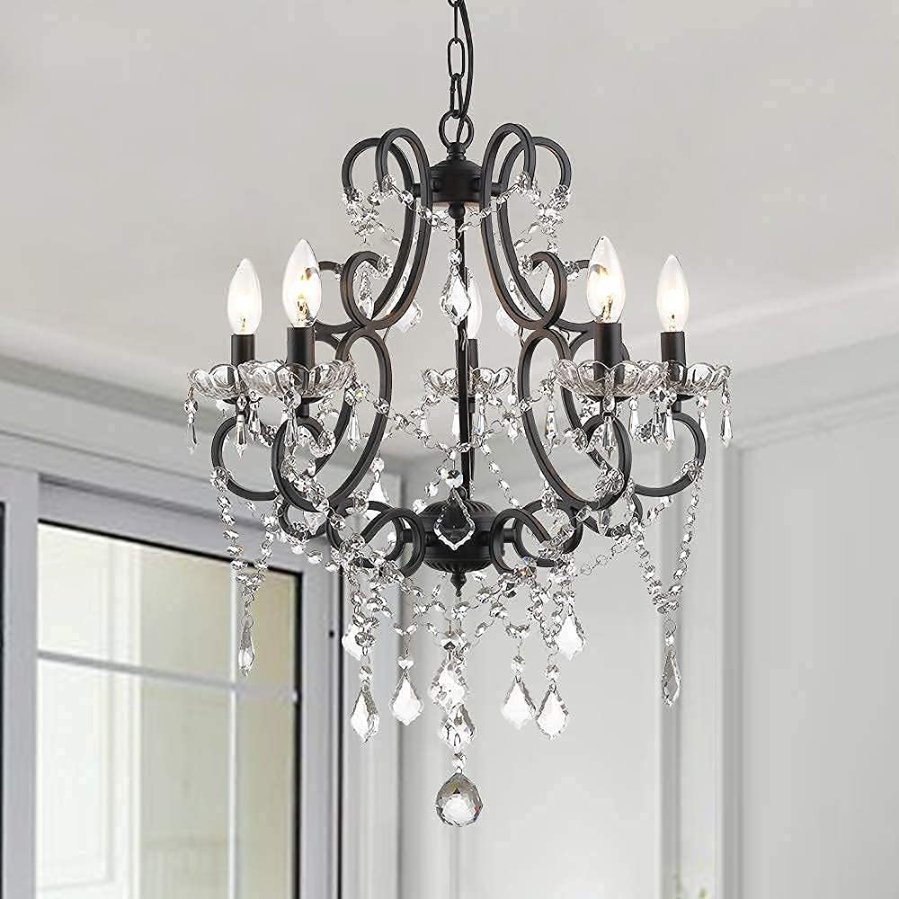 5 Lights K9 Crystal Chandelier, Modern Raindrop Candelabra Pendant Lamp, Candle Ceiling Hanging Lighting Fixture, for Dining Room, Living Room, Black
