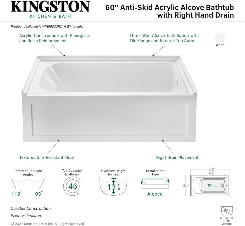 VTAP6032R21A 60-Inch Anti-Skid Acrylic 3-Wall Alcove Tub with Right Hand Drain Hole, White