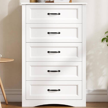 5 Drawer Dresser, White Wood Chest of Drawers , 43.3" Large Capacity Storage Cabinet with Anti-Tip Device, for