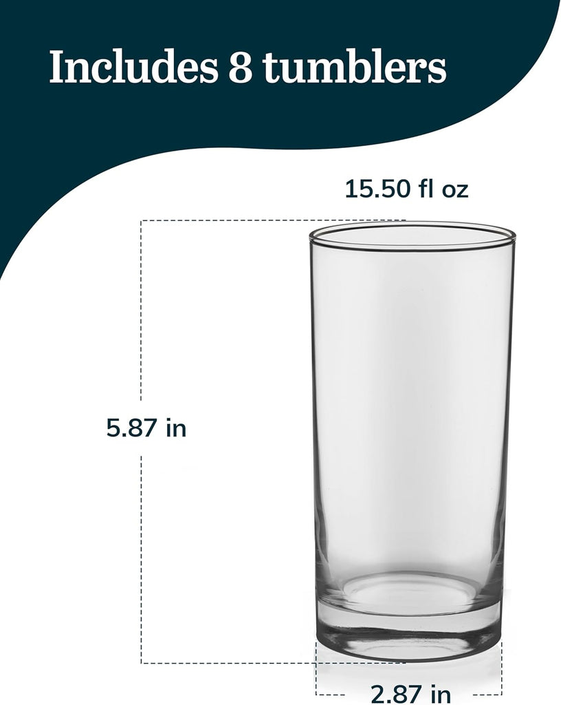 Heavy Base Drinking Glasses Set of 8, 15.5 Oz Elegant, Weighted Clear Water Glasses, Dishwasher Safe Glass Cups Set