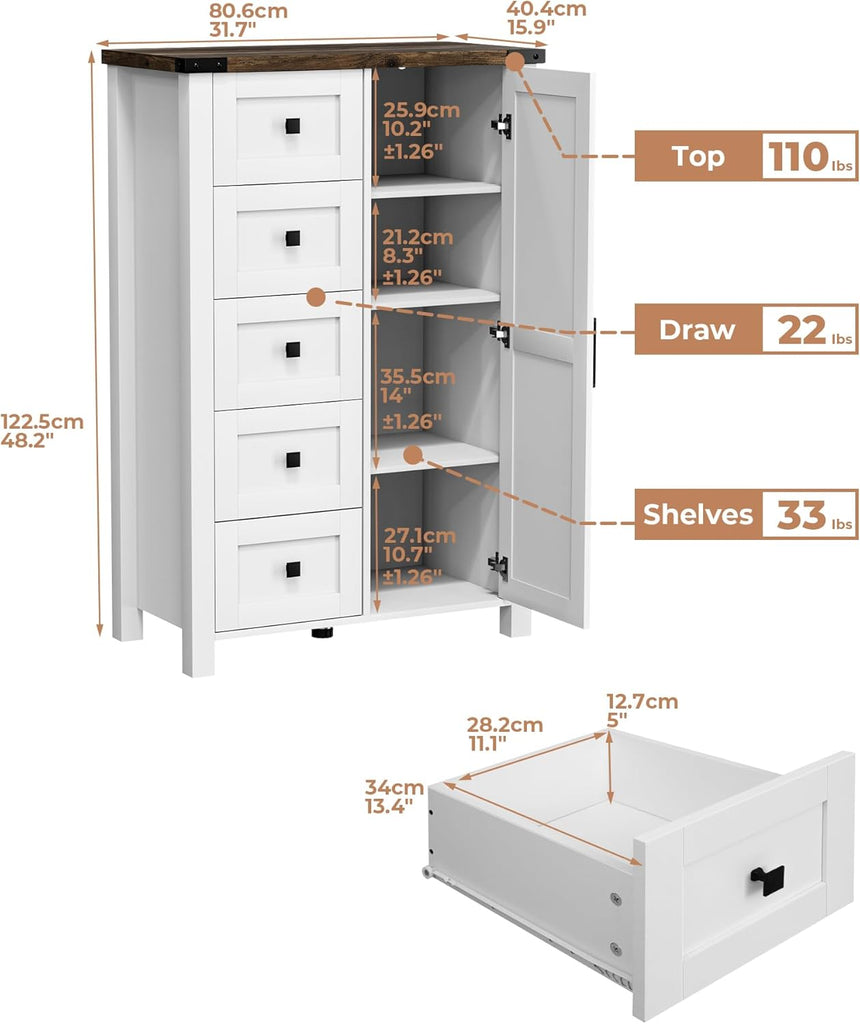 Farmhouse Dresser Storage Cabinet Chest of Drawer , 5 Drawer Dresser with Barn Door, 48 Inch Tall White Wood Dresser