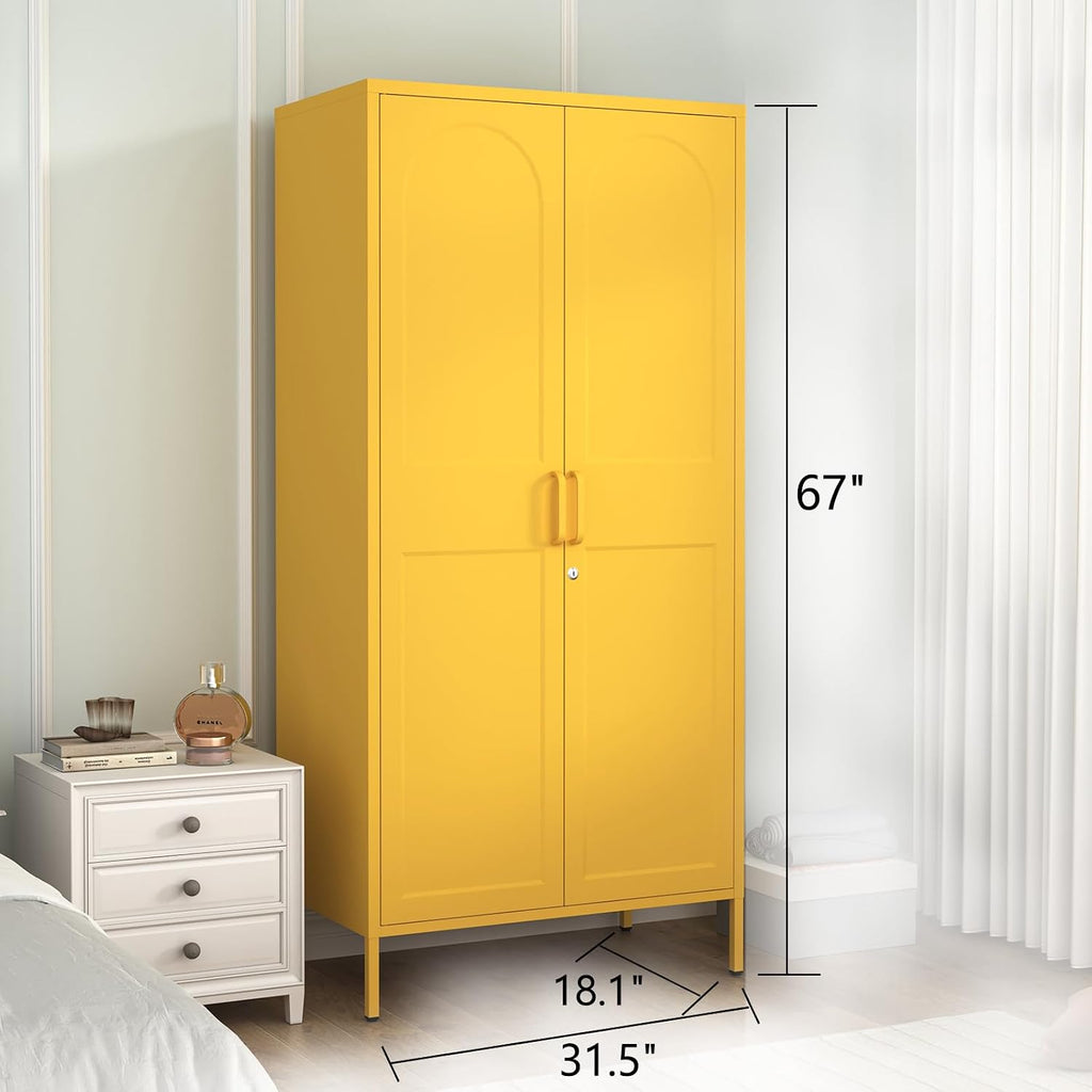 67 Inch Lockable Yellow Steel Wardrobe Storage Cabinet, Freestanding Metal Armoire Locker with Hanging Rod and