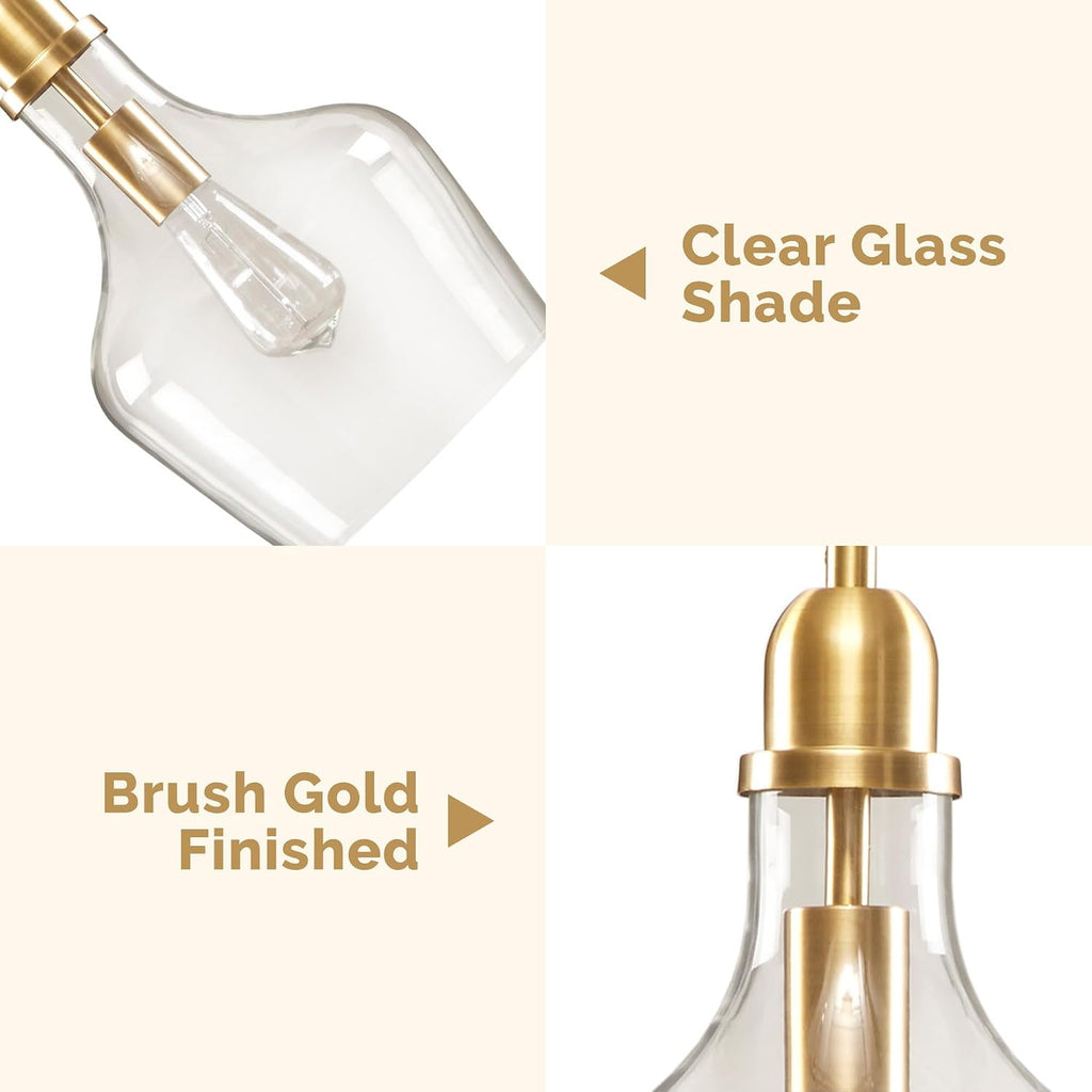 Auburn Pendant Lighting for Dining Room, Industrial Kitchen Lights, Hand-blown Glass Bell Shaped Pendant Light for Kitchen Island, Foyer, Bedroom, 9" Dia x 95.5" H, Gold/Clear
