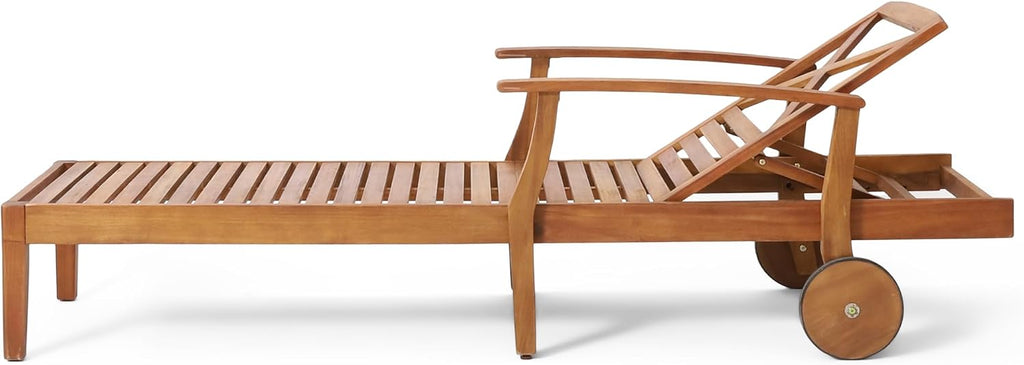 Outdoor Chaise Lounge Pool Sun Lounger Daybed Sofa with Wheels, Teak | 5-Position Adjustable Backrest, Sturdy Solid