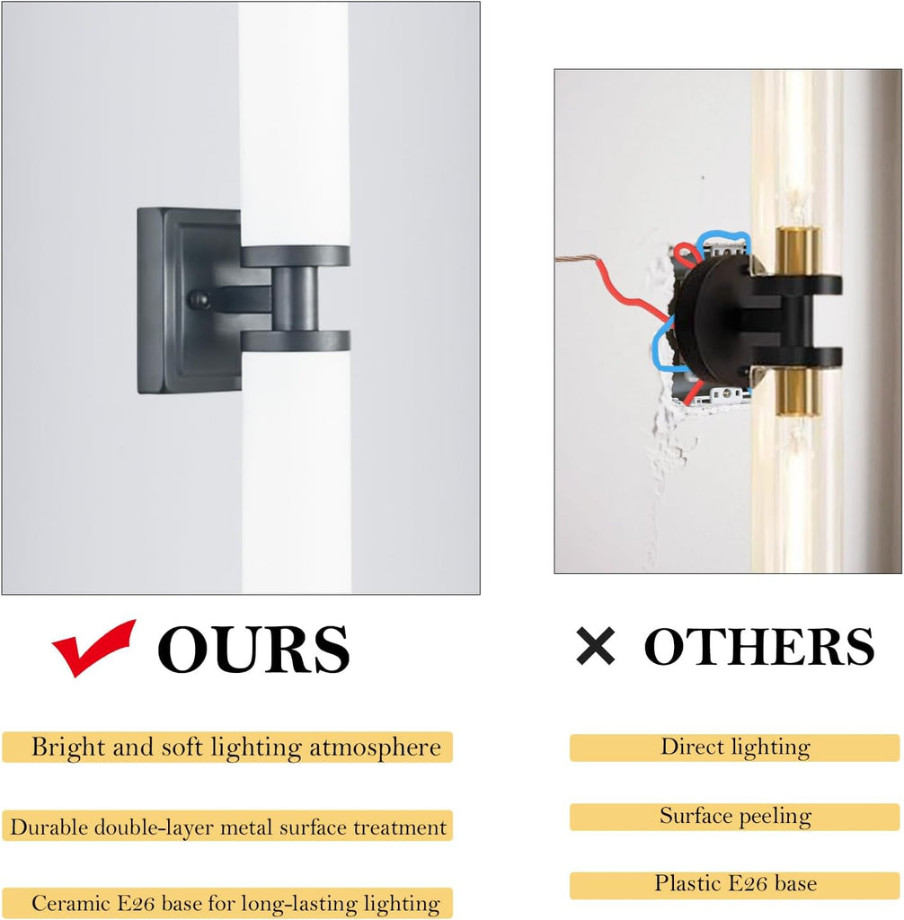 Black Wall Sconces Set of Two, Modern Bathroom Sconce with Frosted Glass, Hardwired Wall Light Fixtures for Bathroom