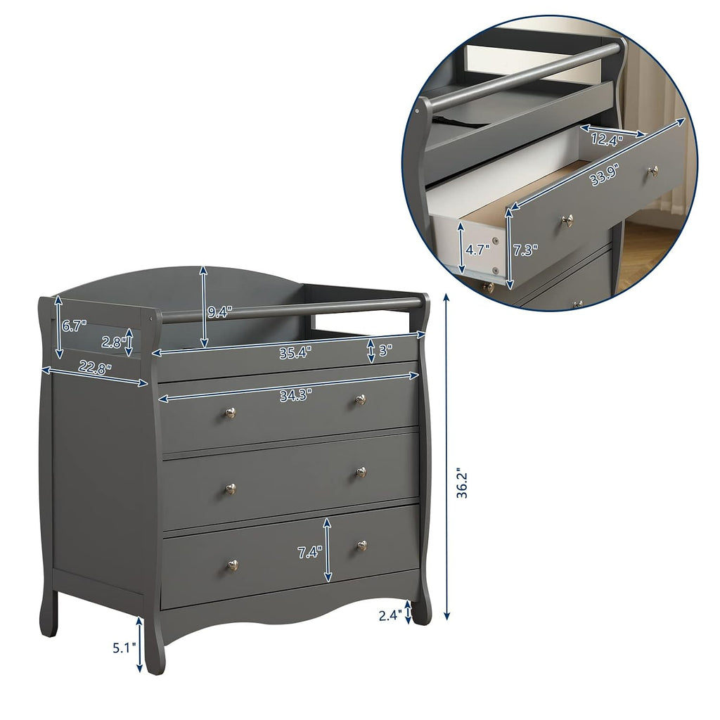 Changing Table Dresser Baby Diaper Changing Station Infant Nursing Table with 3 Drawers, Safety Rail & Strap , Gray |