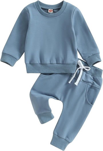 Toddler Baby Boys Fall Outfits Long Sleeve Pull On Sweatshirt Elastic Waist Pants 2Pcs Solid Clothes Set