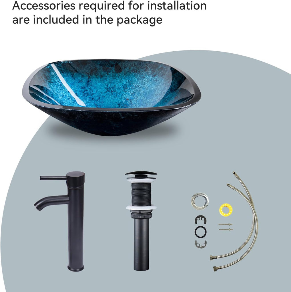 Artistic Square Bathroom Sink Blue Tempered Glass Vessel Sink Combo with Faucet 1.5 GPM and Pop up Drain Bathroom Bowl