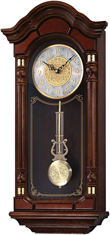 Oak Wood Pendulum Wall Clock with Chimes, Dark Brown, 28 x 12.5 x 6 Inches