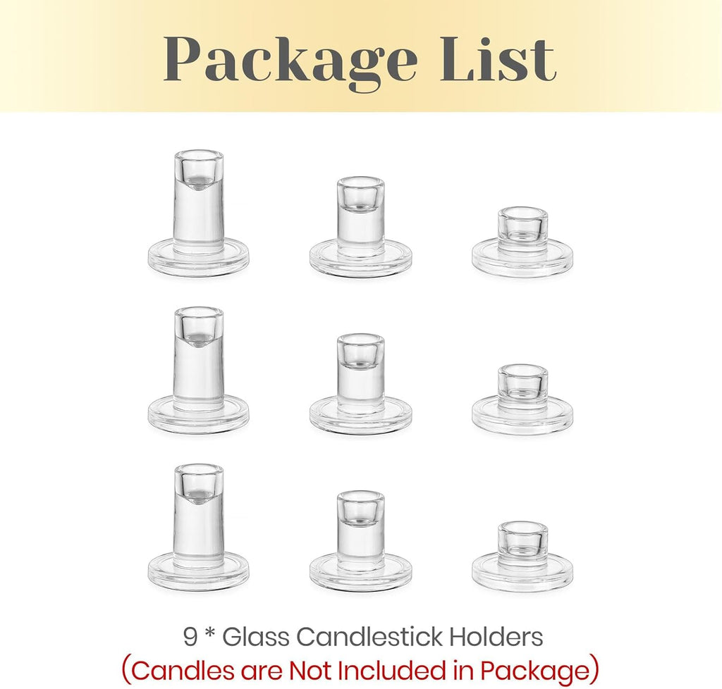 Clear Taper Candle Holders Bulk: 9PCS Glass Candlestick Holders | For 0.86" Taper Candles, 3 Sizes, Candle Sticks