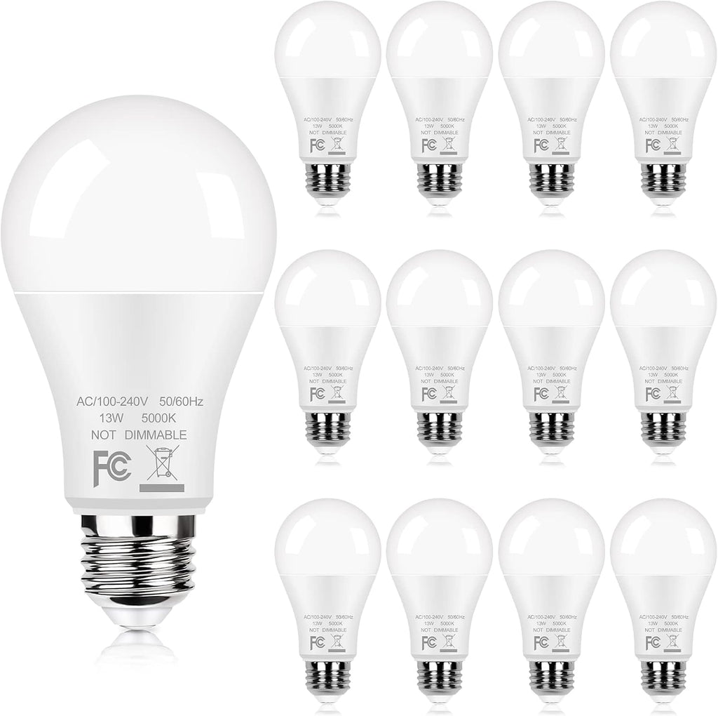 12-Pack A19 LED Light Bulbs 100W Equivalent Bulbs, Super Bright 1500 Lumens 13W 5000K Daylight White Bulbs with Standard E26 Medium Base, CRI85+, No Flicker Non-Dimmable Energy Saving Bulbs for Lamp
