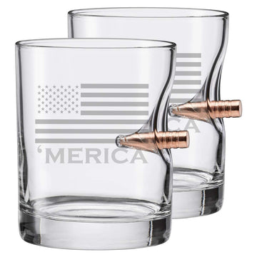 Merica Rocks Glass with Real .308 Bullet - 11oz | Made in the USA [Set of 2]