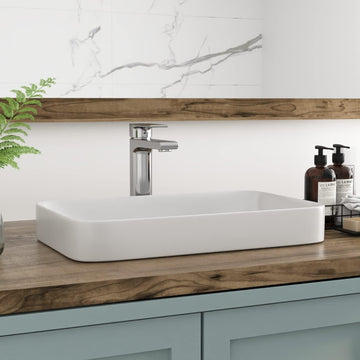 Bathroom Vessel Sink, 19'' x 12'' Semi Recessed Bathroom Sink Rectangular White Ceramic Vessel Sinks for Bathroom Modern Bath Sink Bowl