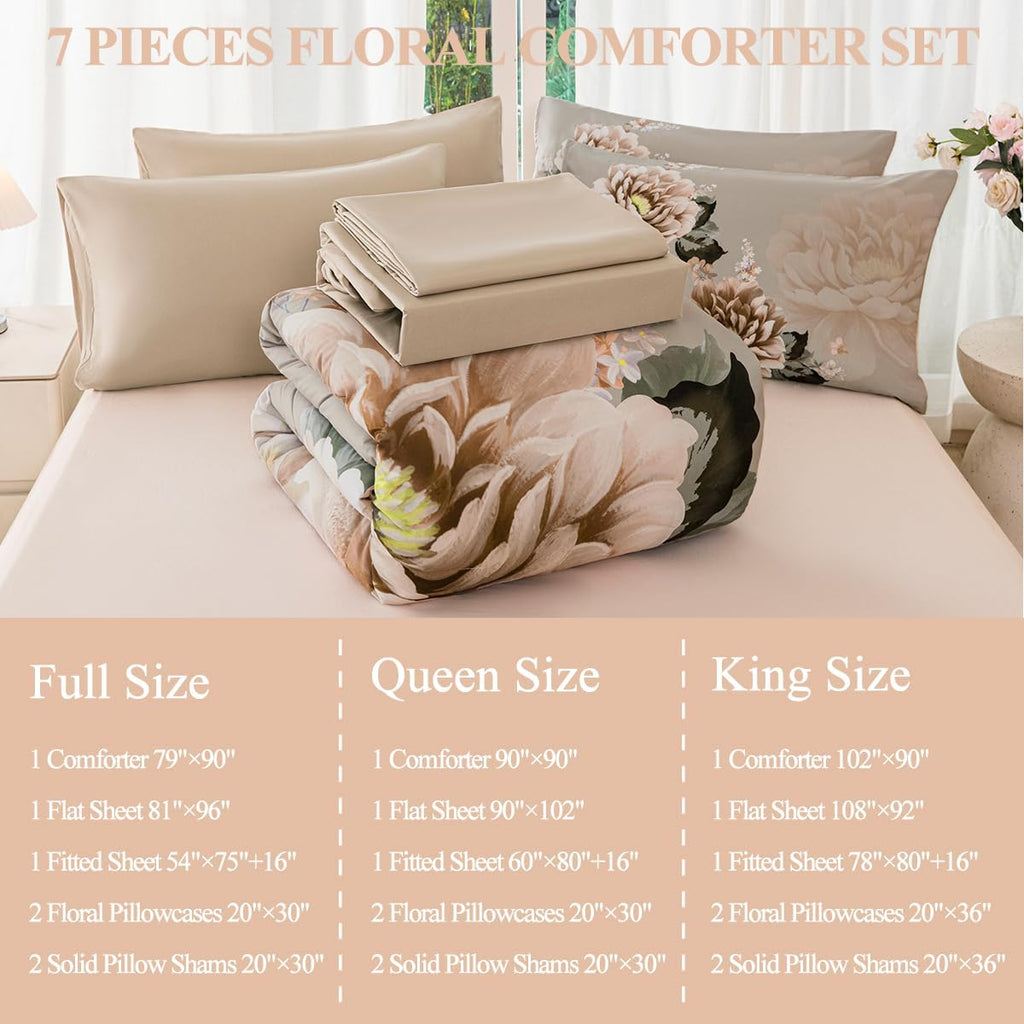 Comforter Set Full Khaki Floral Bedding Set 7 Pieces Flower Bed Set with Sheets Reversible Large Peony Printed On - Set of 7