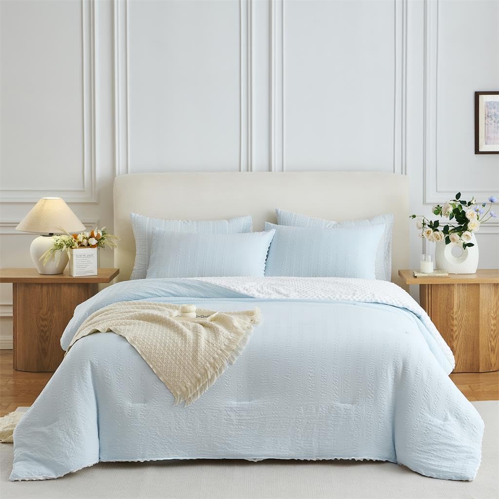 Blue Seersucker Comforter Striped Reversible Minky Dot Bedding Set