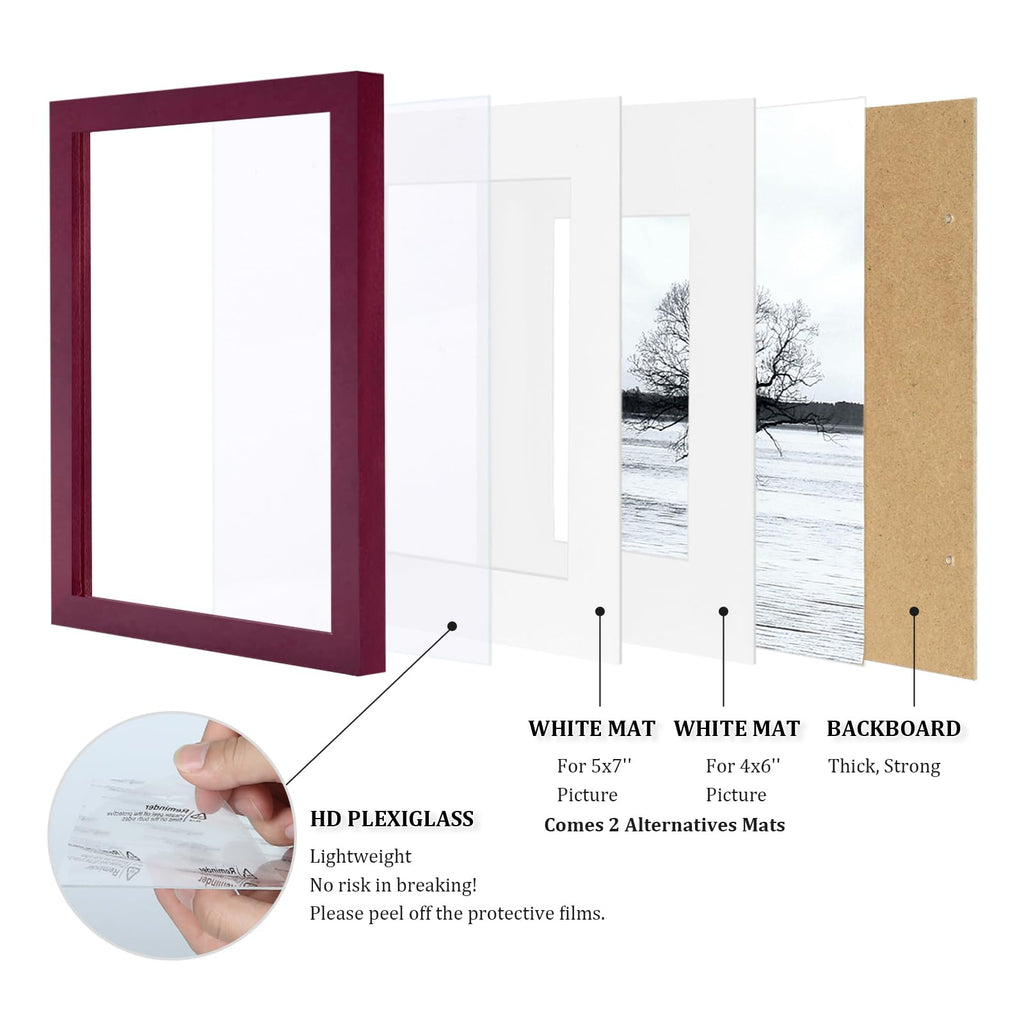 8x10 Picture Frames 4 Pack - Wood Frames Covered by Plexiglass for Pictures 4x6 or 5x7 with Mat or 8x10 Without Mat