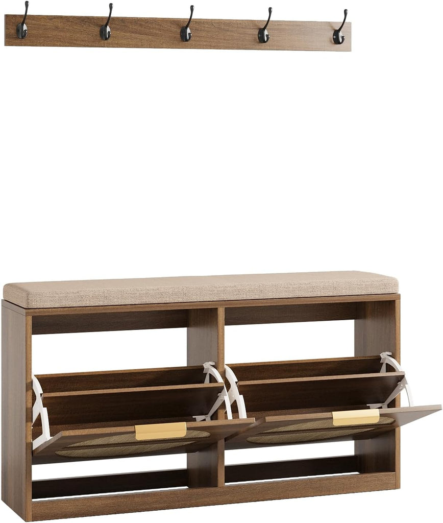 Rattan Entryway Bench with Seat Cushion & Coat Rack, Shoe Storage Cabinet with 2 Flip Drawers, Narrow Shoe Rack, 5