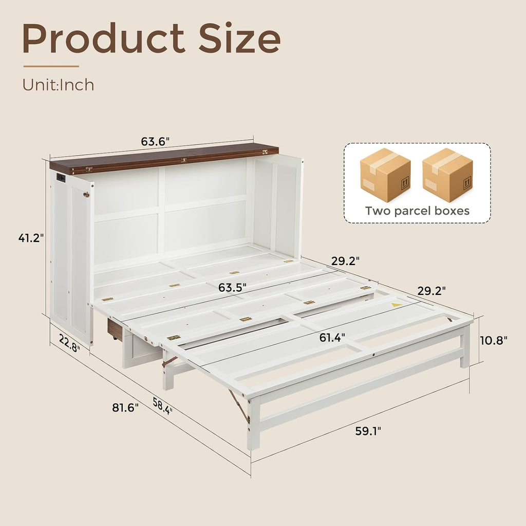 Queen Murphy Bed with Storage Drawer and USB Port, Wall Murphy Bed Frame with Charging Station, Foldable Cabinet