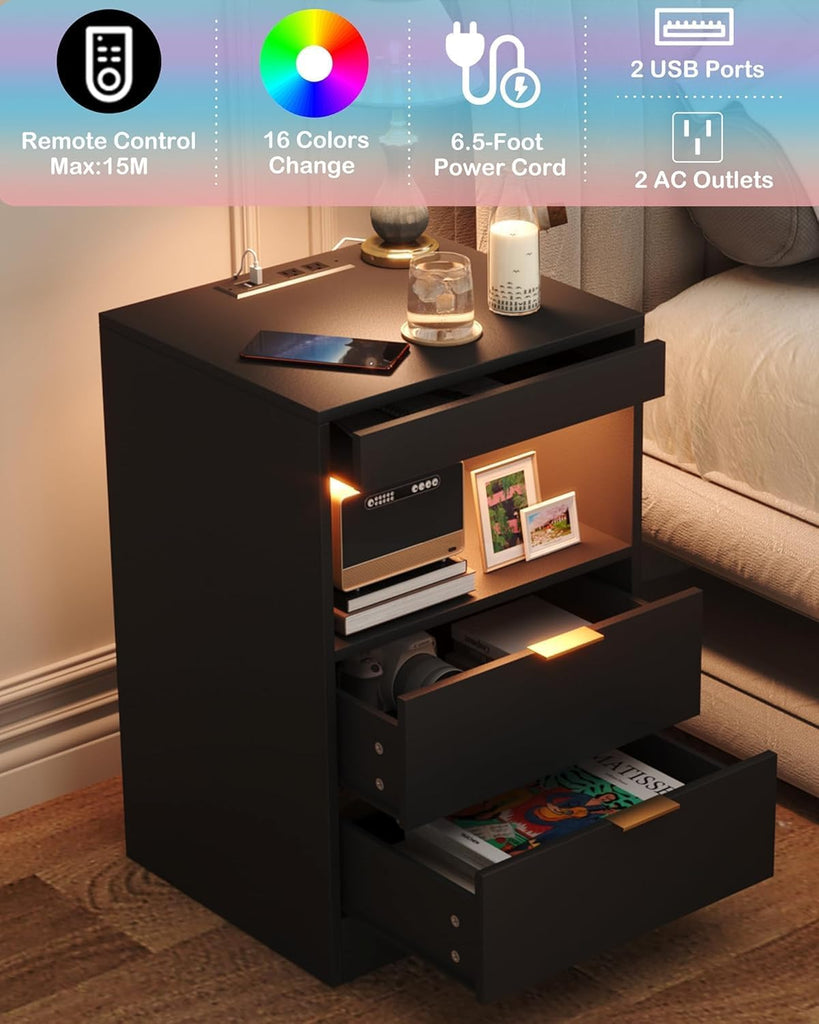 Night Stand, Black Nightstand, LED Nightstand with Charging Station, Modern Night Stand, Bedside Table, Wood Sofa