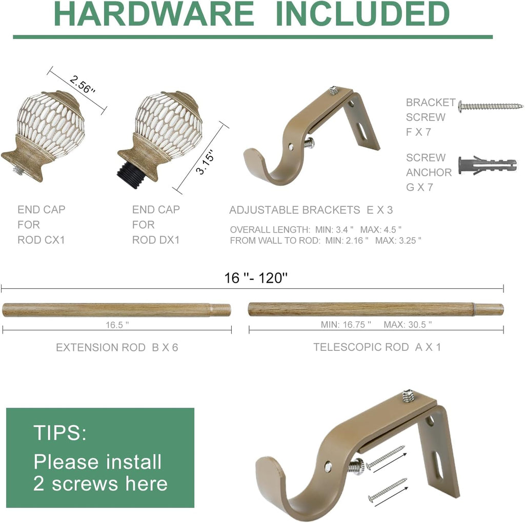 Curtain Rods for Windows 16 to 120 Inches Adjustable Length 1 Inch Diameter Window Curtain Rod with Wood Grain Leaf