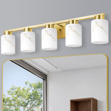 5-Light Bathroom Light Fixtures, Modern Vanity Lights, Gold Metal Wall Lamp with White Marble Glass, Mirror, Living
