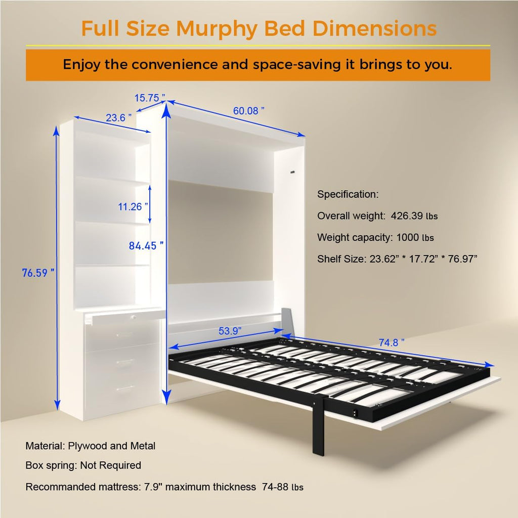 Full Murphy Bed, Morden Full Vertical Murphy Bed Frame with Shelf and Drawers, Wall Bed Hidden Bed Gas Struts, White
