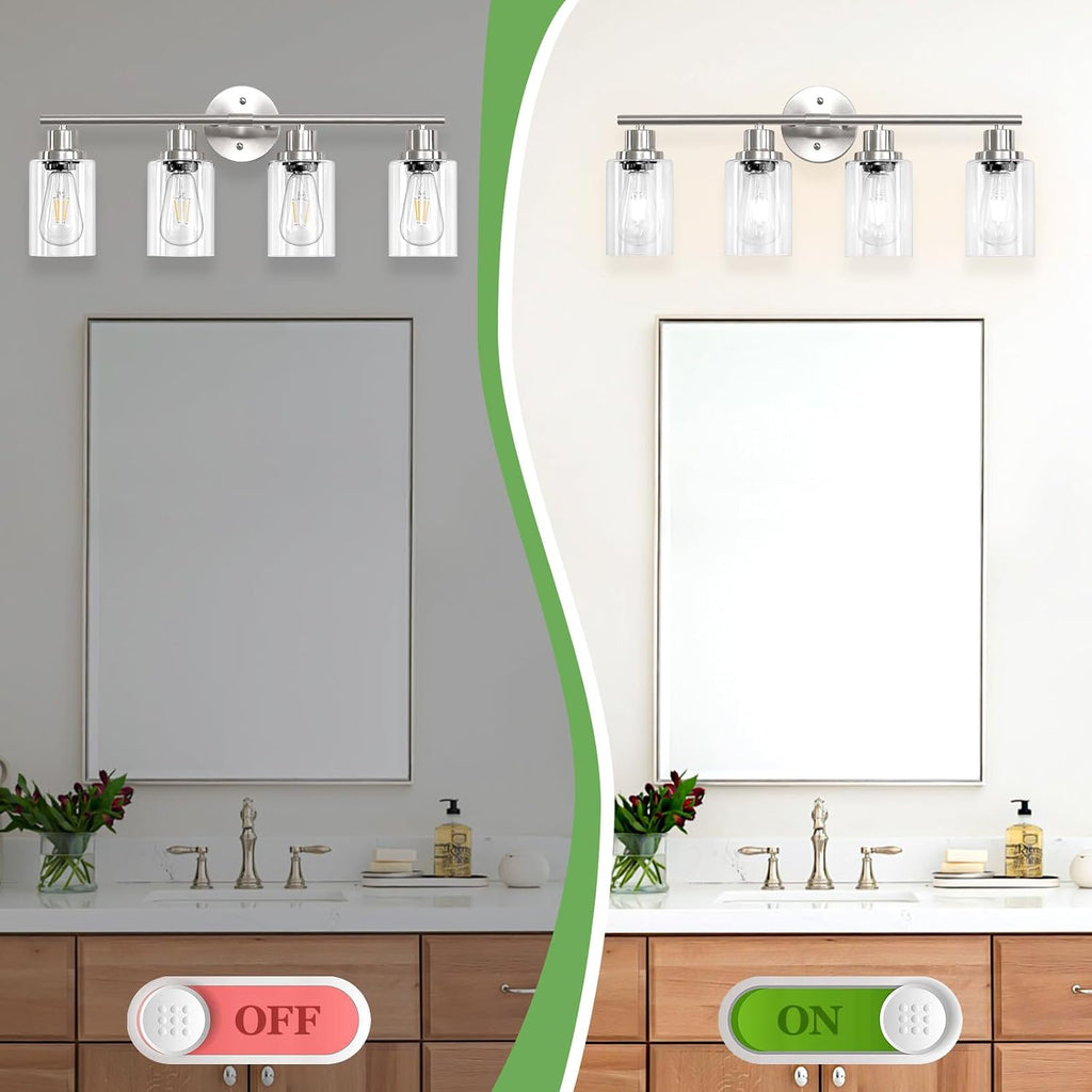 4-Light Nickel Bathroom Light Fixtures, E26 Modern Vanity Lights with Clear Glass Shade, Wall Lamps for Mirror
