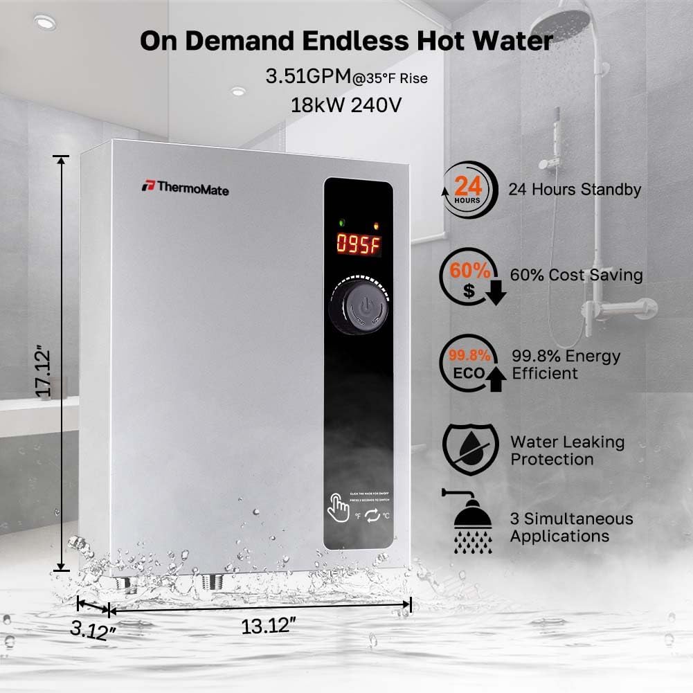 Tankless Water Heater Electric 18kW at 240 Volt, ThermoMate On Demand Instant Hot Water Heater Up to 4.4GMP