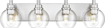 4-Light Brushed Nickel Bathroom Vanity Light, Clear Glass Globes | 26" modern bathroom light fixtures over mirror