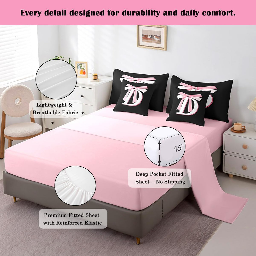 Kids Girls Black Pink Bow Comforter Set with Sheets Monogrammed 7 Piece Bedding Set Personalized