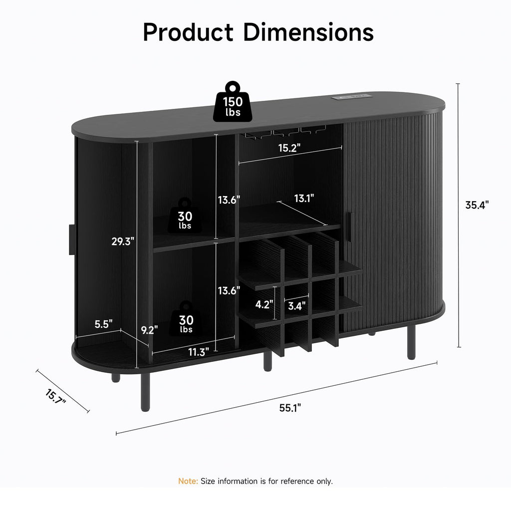 55 Inch Fluted Wine Bar Cabinet with LED Light, Black