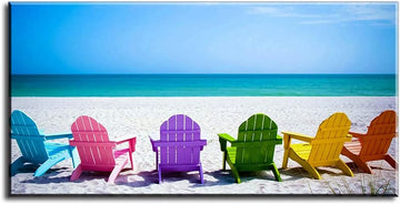 Beach Canvas Wall Art , PIY Blue Sea with Colorful Chairs Picture Prints Decor, Relax Leisure Time Home Decorations