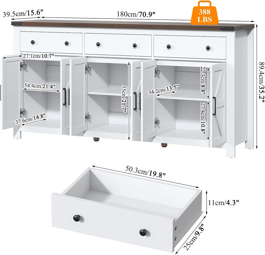 71" Large Sideboard Buffet Cabinet with Storage, Modern Farmhouse Coffee Bar with 3 Drawers and 6 Barn Doors