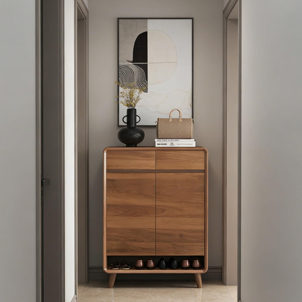Hallway Storage Shoe Cabinet ,Wooden Storages Space-Saving Shelf,Organizer Rack,with Drawers,Fluted,with Adjustable