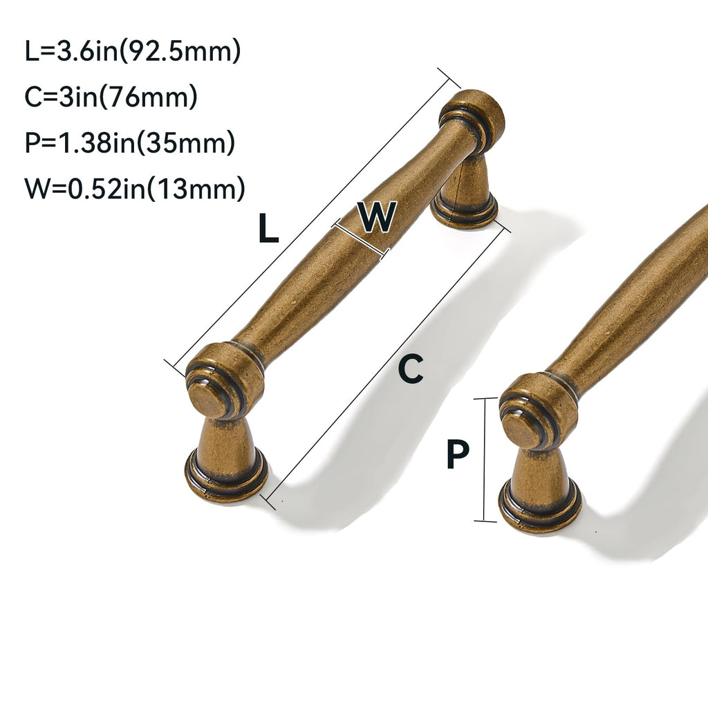2 Pack 3inch(76mm) Center to Center Antique Brass Cabinet Pulls Handles for Cabinets Cupboard Solid Heavy Duty Drawer