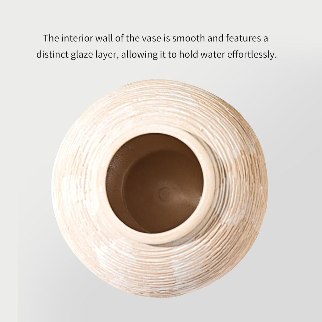 Rustic Farmhouse Vase Home Decor - 6 in Ceramic Boho Decorative Vase for Decor, Round Clay Whitewashed Terracotta