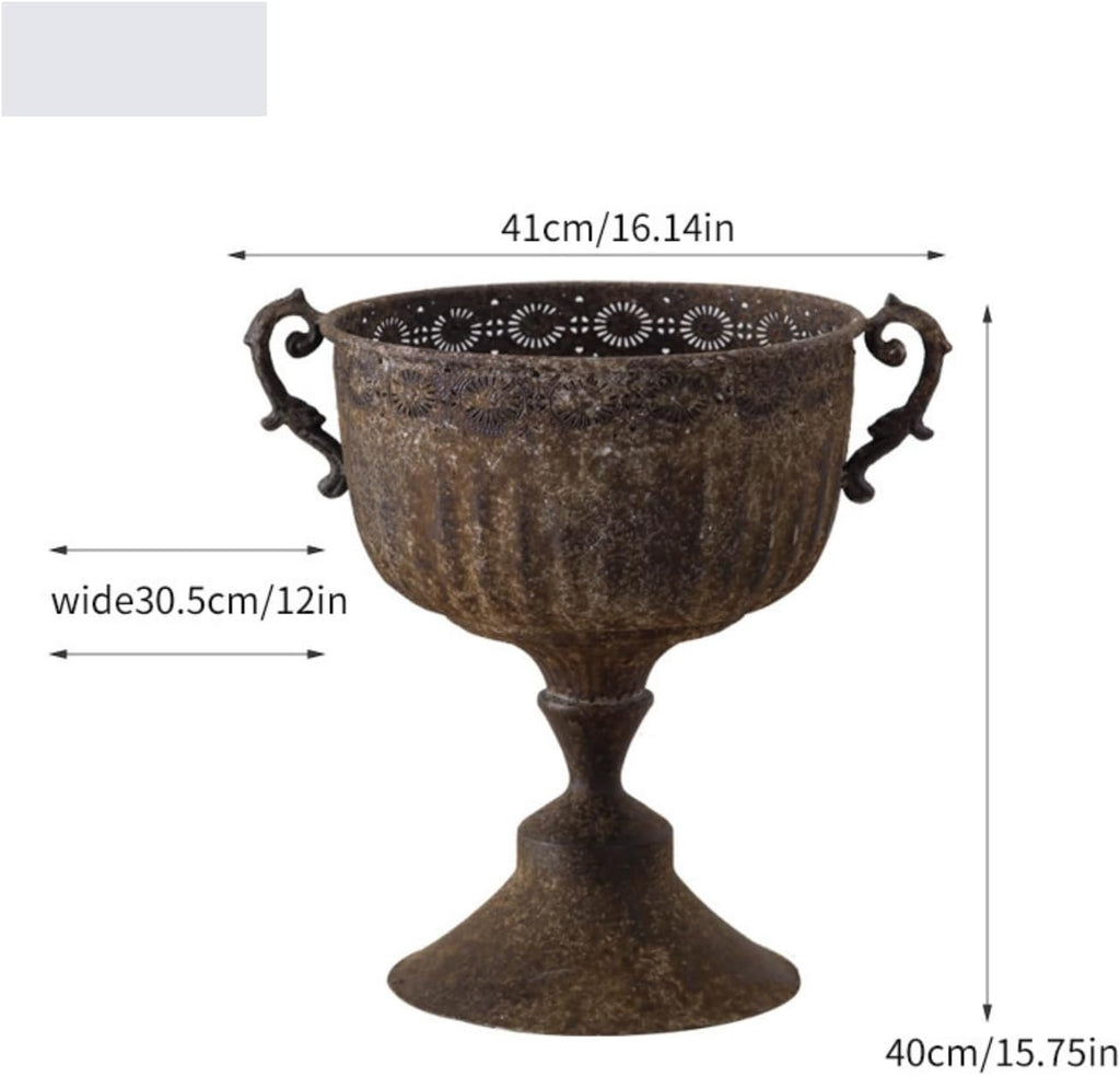 Outdoor Trophy Vase Antique Pedestal Planter Urn Flower Pot with Textured Stone Finish Iron Construction Stable