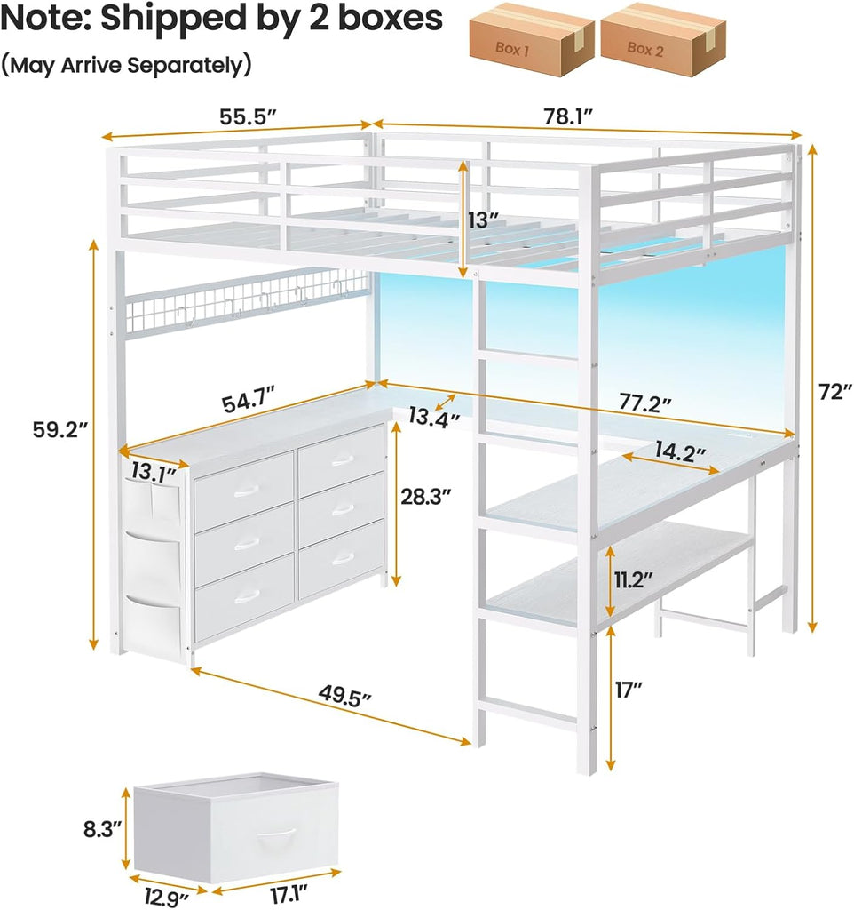 Loft Bed Full with U-Shaped Desk, 6 Storage Drawers, Power Outlet, LED Metal Loft Bed with 2 Storage Shelves
