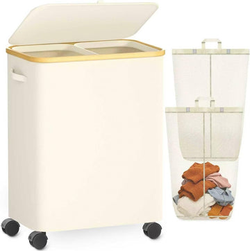 Double Laundry Basket with Wheels and Lid, 150L Clothes Hampers for Laundry | Large Laundry Hamper with 2 Sections &