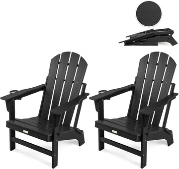 Folding HDPE Adirondack Chair 2-Pack, Gun-Leg Frame with Cupholder | All Weather Waterproof Heat Resistant, Wood