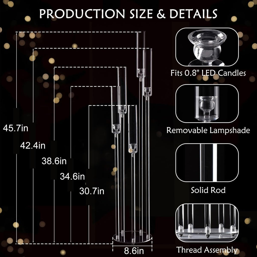 4pcs 5 Arm Acrylic Candelabra,Clear Candle Holder,45.7inch Tall Floor Candle Holders for Ceremony Birthday Party Home