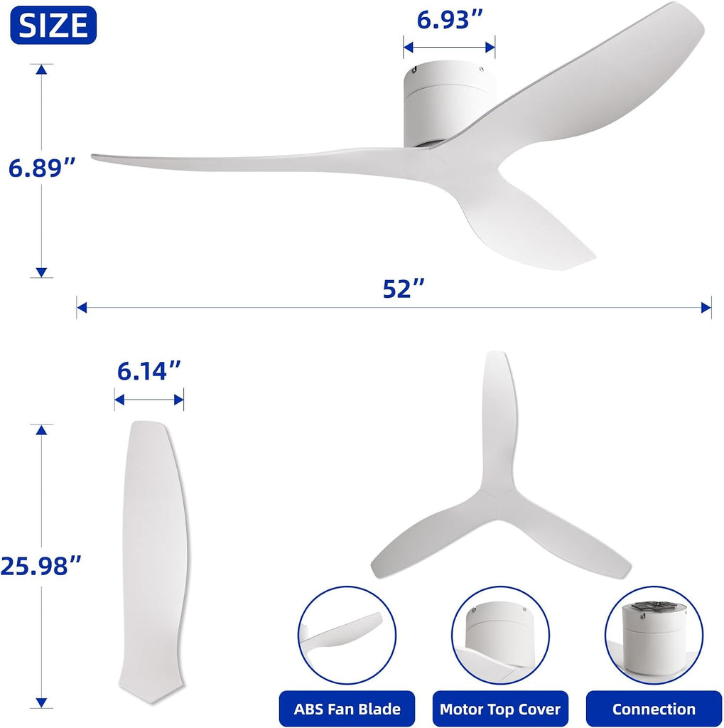 52" Low-Profile Modern Ceiling Fan with Remote – White Curved Blades, 3-Blade, DC Motor, No Light
