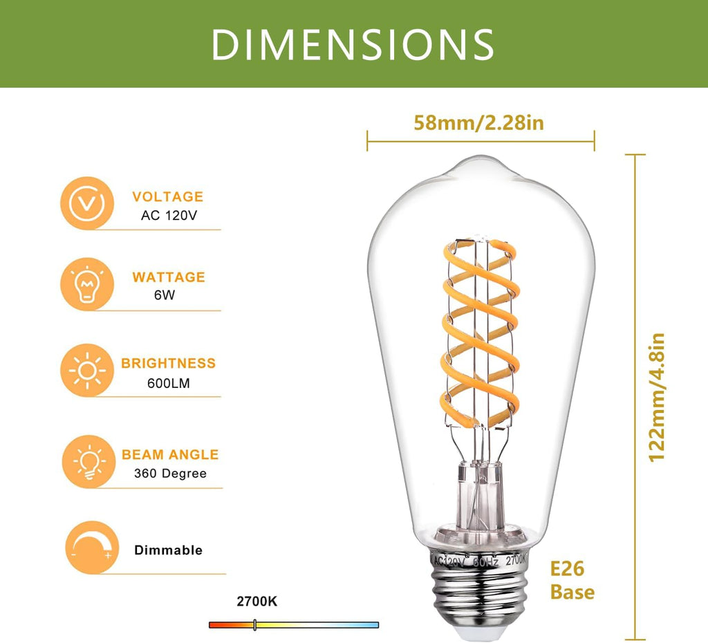 Dimmable ST19 LED Light Bulbs, Warm White 2700K, E26 Base, 6 Pack