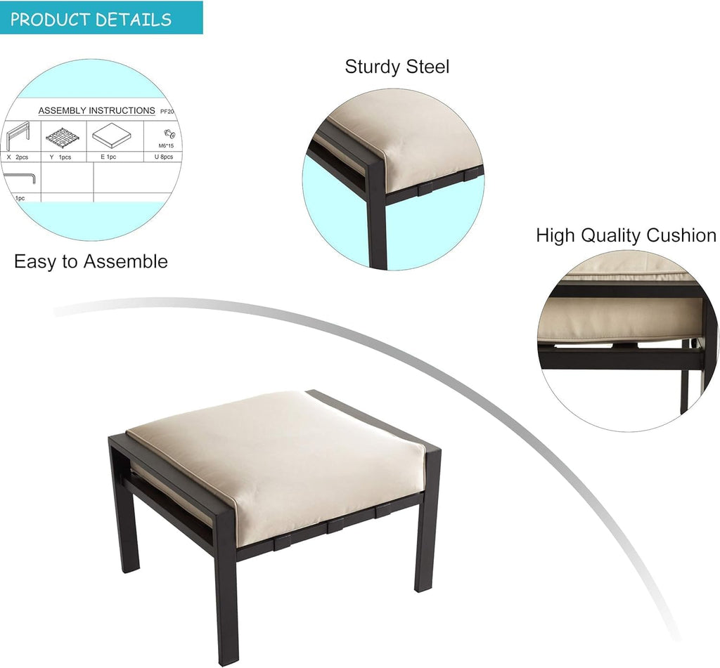 Outdoor Ottoman Patio Footstool Small Seat Furniture with Soft Thick Cushion for Garden Yard Deck Poolside