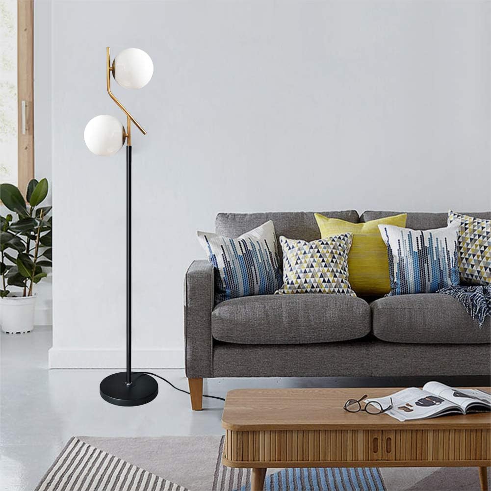 KU300208 Modern Style Two Milky White Glass Orbs and Brass Finish Floor Lamp,Light Pole and Base Black Finish