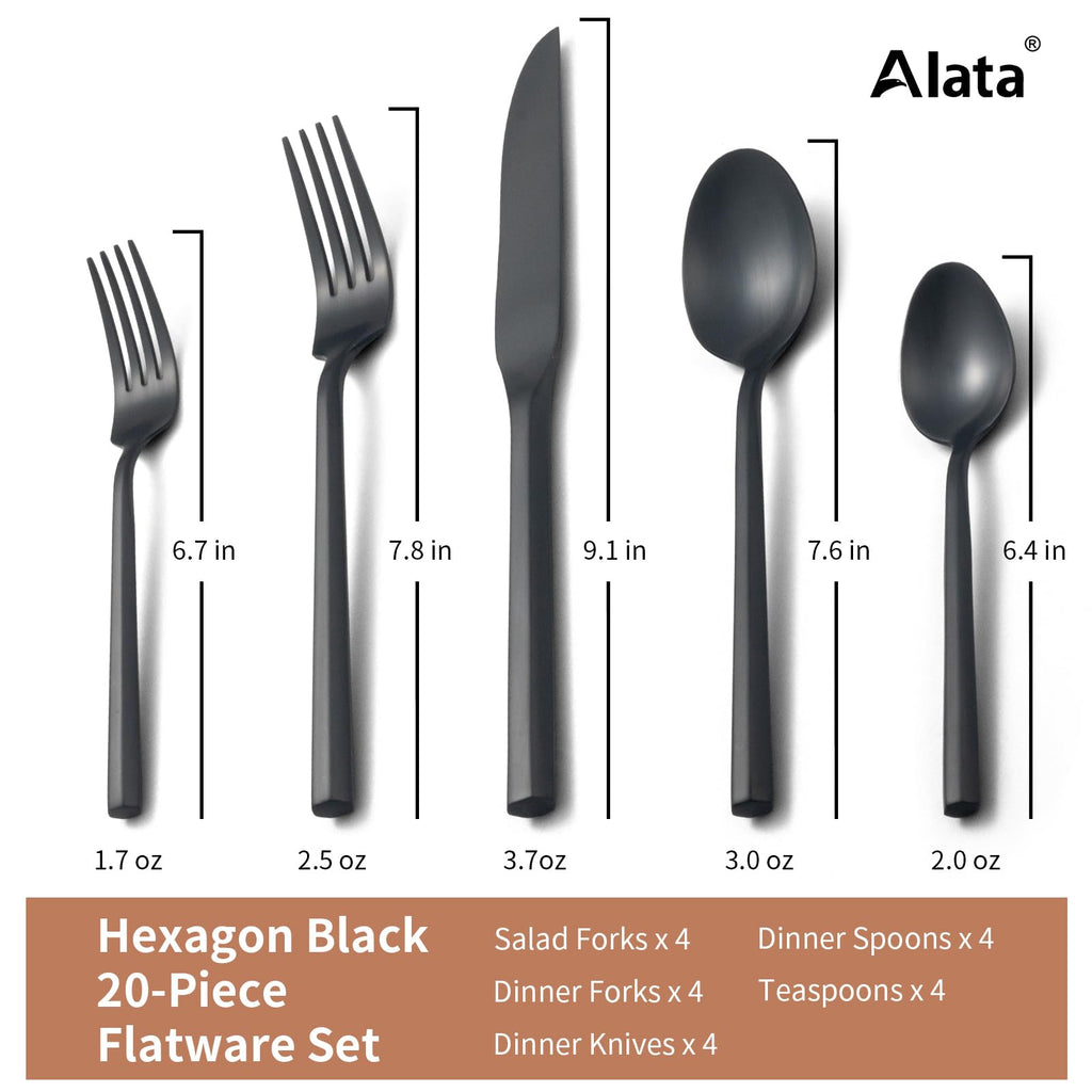 Hexagon Black 20-Piece Forged Silverware Set Stainless Steel Flatware Set,Service for 4,Matte Satin Polished Cutlery