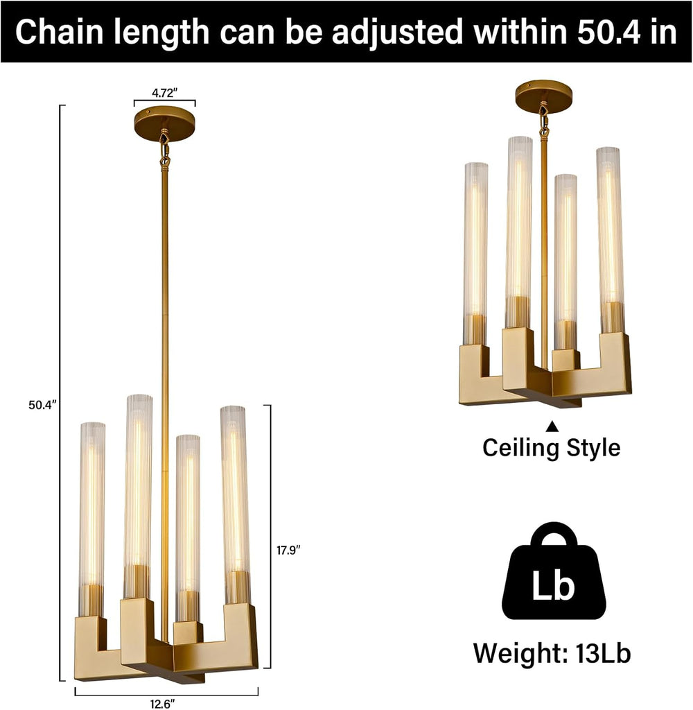 Inspired Cannele Style Glass Tube Gold Pendant Lights Kitchen Island, Adjustable Cord Modern Pendant Light Fixtures,Kitchen Pendant Lighting Over Island,Indoor Chandeliers for Bedroom, Included Bulb