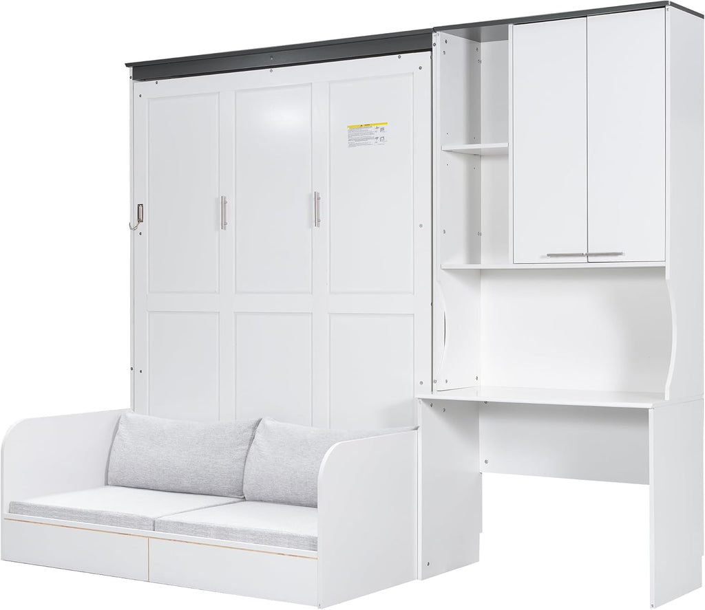Queen Murphy Bed with Sofa, Desk and Storage Cabinet, Solid Wood Wall Bed Frame, Space-Saving Foldable Design, White