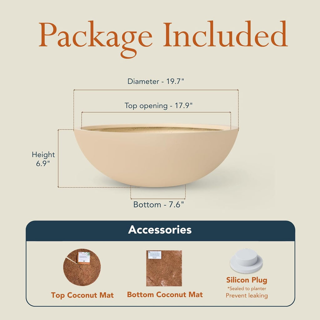 6.9" H x 19.7" D Premium Rondo Fiberstone Planter - Kilim Beige | 17.9" Pot Opening, Included 2 Extra Coco Mats
