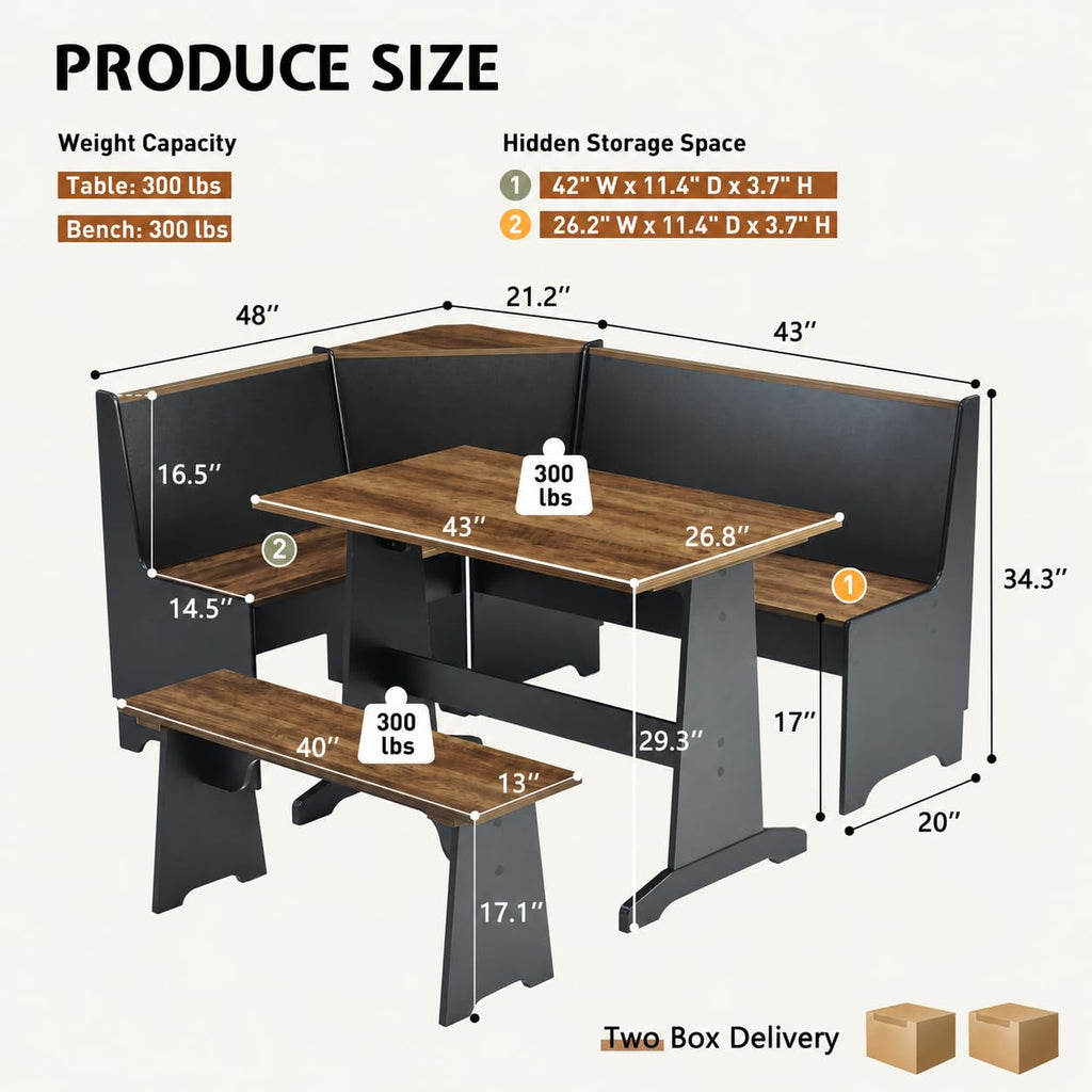 3-Piece Corner Dining Set with Hidden Storage, Black Oak